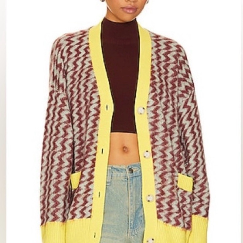 DAYDREAMER Yellow and Brown Zigzag Cardigan Size S - Picture 2 of 5